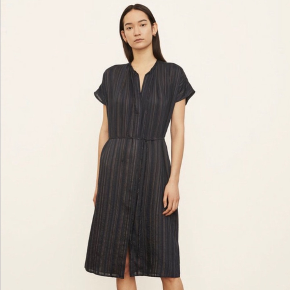 NWT Vince Short Sleeve Drapey Stripe Shirred Dress S $375